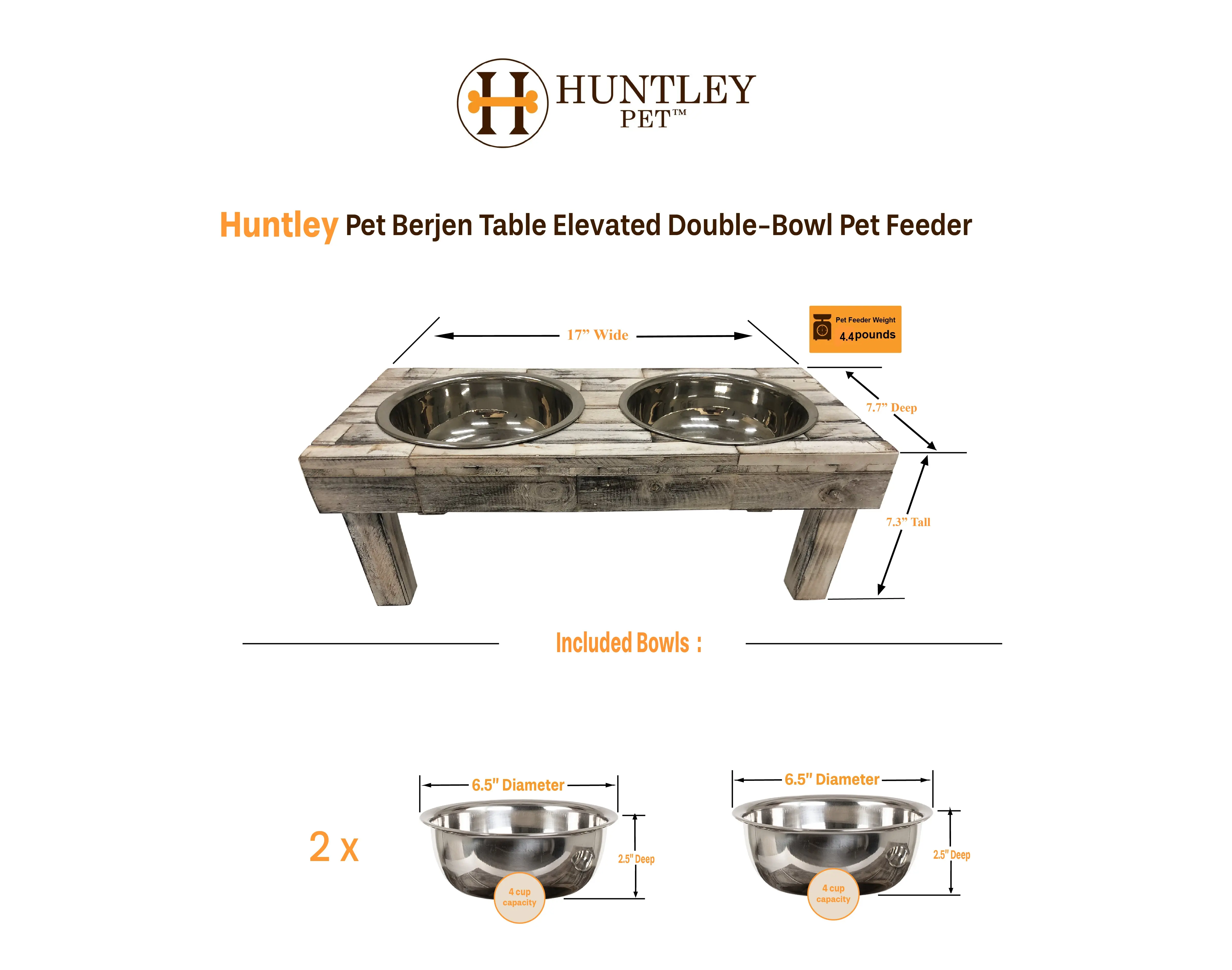 Huntley Pet Berjen Table Elevated Double Bowl Pet Feeder, Brown Wash - Image 10
